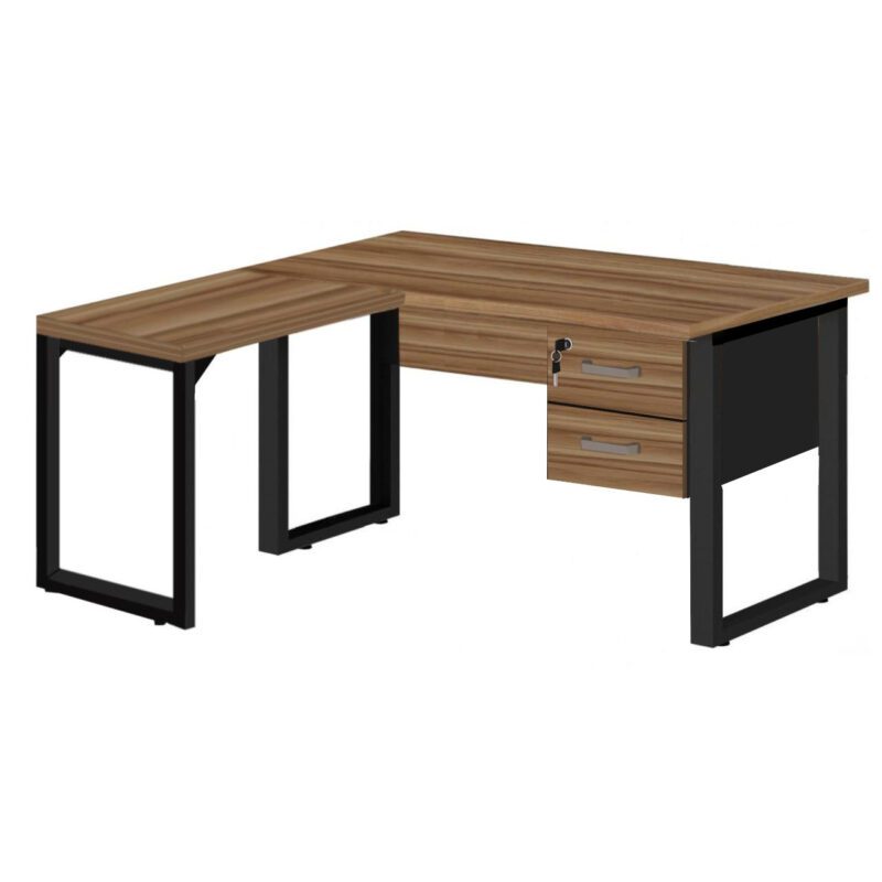 Mesa em L PÉ QUADRO (Mesa 1,50m + Mesa Auxiliar) – C/ Gavetas NOGAL SEVILHA/PRETO – 24477 BRITTO Móveis para Escritório Linha 40 mm 2