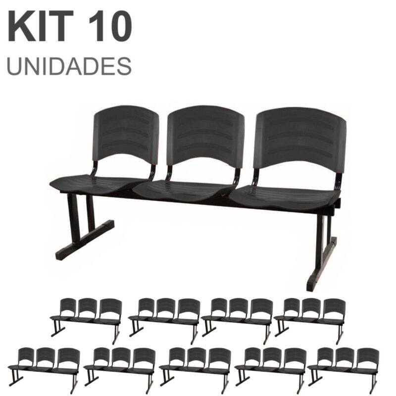 Kit 10 Cadeiras Longarinas PLÁSTICA 03 Lugares – Cor PRETO 33039 BRITTO Móveis para Escritório Longarinas 2