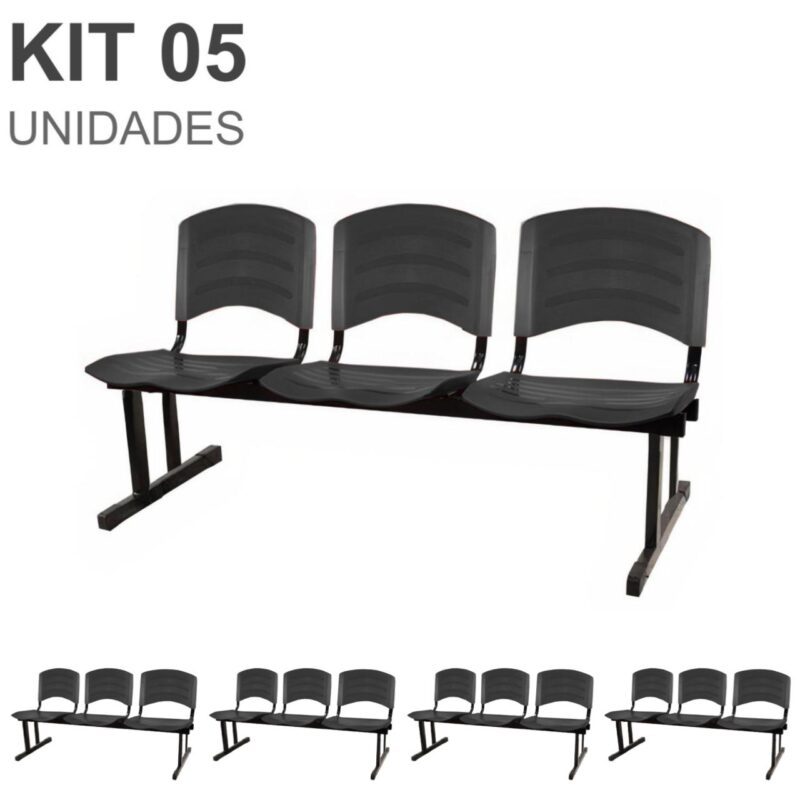 Kit 05 Cadeiras Longarinas PLÁSTICA 03 Lugares – Cor PRETO 33034 BRITTO Móveis para Escritório Longarinas 2