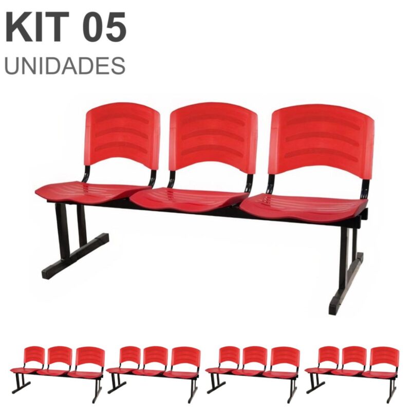 Kit 05 Cadeiras Longarinas PLÁSTICAS 03 Lugares – Cor Vermelho 33043 BRITTO Móveis para Escritório Longarinas 2