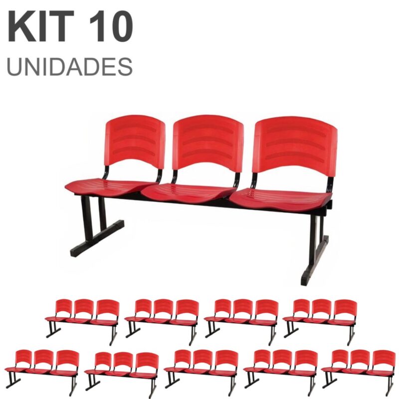 Kit 10 Cadeiras Longarinas PLÁSTICAS 03 Lugares – Cor Vermelho 33048 BRITTO Móveis para Escritório Longarinas 2