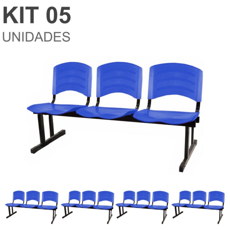 Kit 05 Cadeiras Longarinas PLÁSTICAS 03 Lugares – Cor Azul 33052 BRITTO Móveis para Escritório Longarinas 2