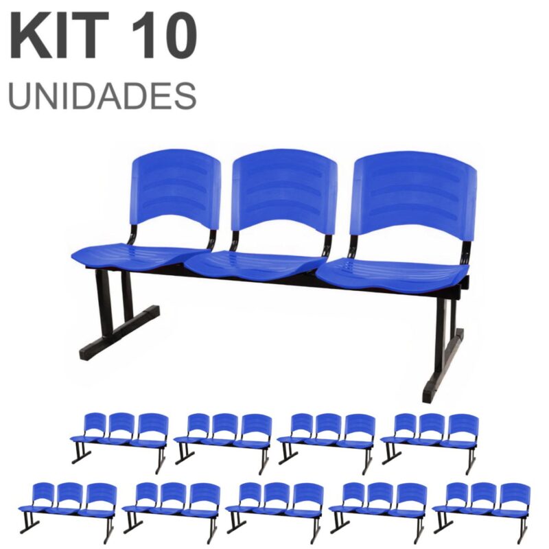 Kit 10 Cadeiras Longarinas PLÁSTICAS 03 Lugares – Cor Azul 33057 BRITTO Móveis para Escritório Longarinas 2