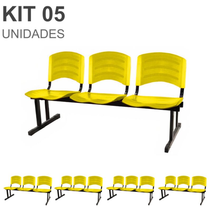 Kit 05 Cadeiras Longarinas PLÁSTICAS 03 Lugares – Cor Amarelo 33080 BRITTO Móveis para Escritório Longarinas 2