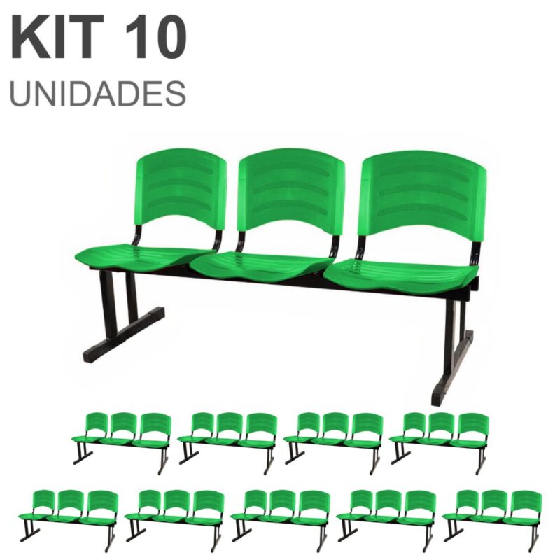 Kit 10 Cadeiras Longarinas PLÁSTICAS 03 Lugares – Cor Verde 33066 BRITTO Móveis para Escritório Longarinas 2