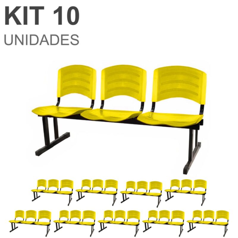 Kit 10 Cadeiras Longarinas PLÁSTICAS 03 Lugares – Cor Amarelo 33085 BRITTO Móveis para Escritório Longarinas 2