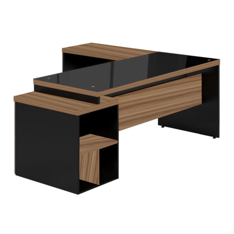 Mesa para Escritório em “L” com VIDRO FUMÊ – 1,92X1,60M NOGAL SEVILHA/PRETO – 21407 BRITTO Móveis para Escritório Linha 40 mm 2